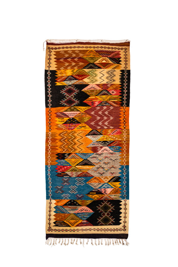 Authentic Taznakht Kilim Runner | Interlocking Geometric Blocks in Desert Tones