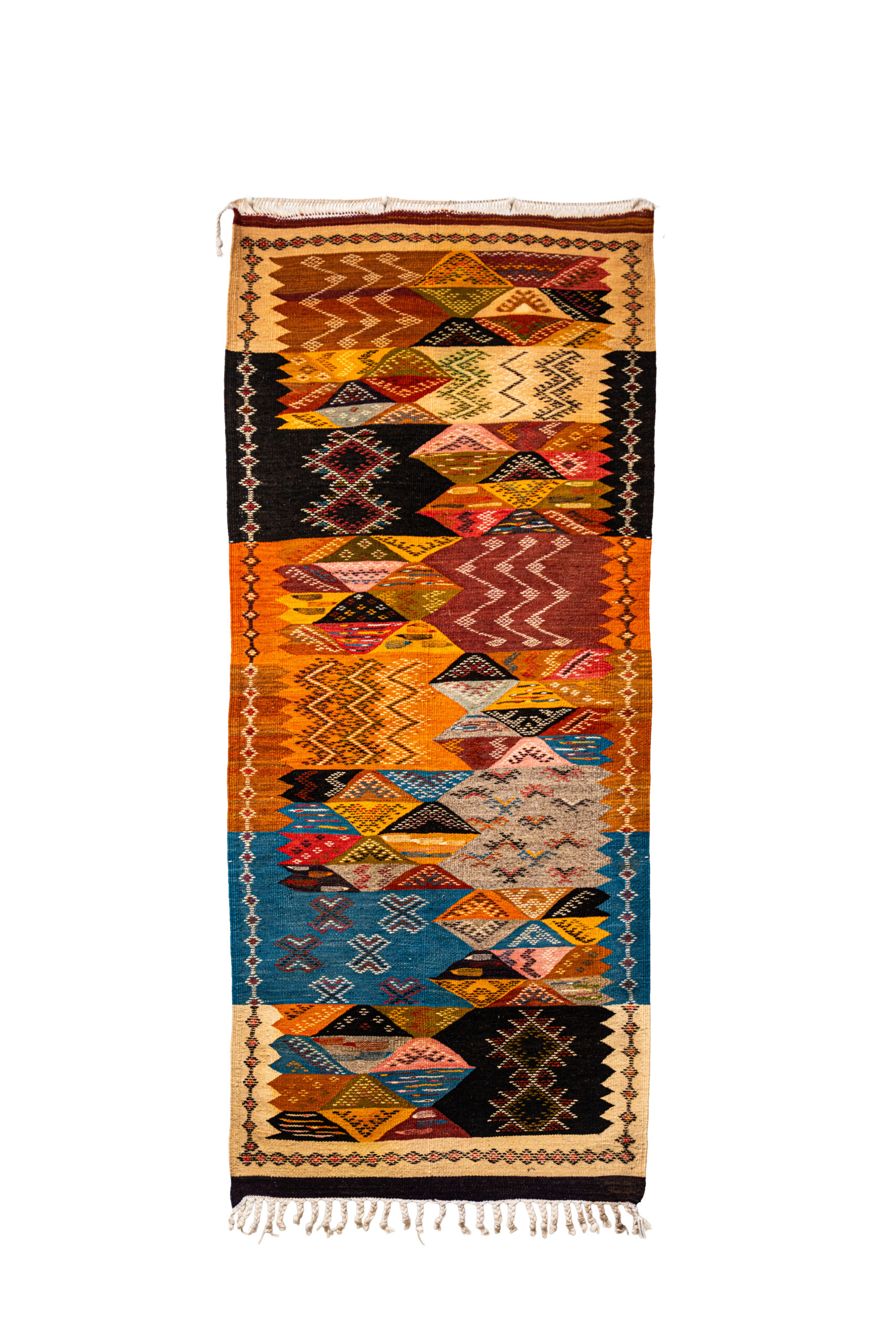 Authentic Taznakht Kilim Runner | Interlocking Geometric Blocks in Desert Tones