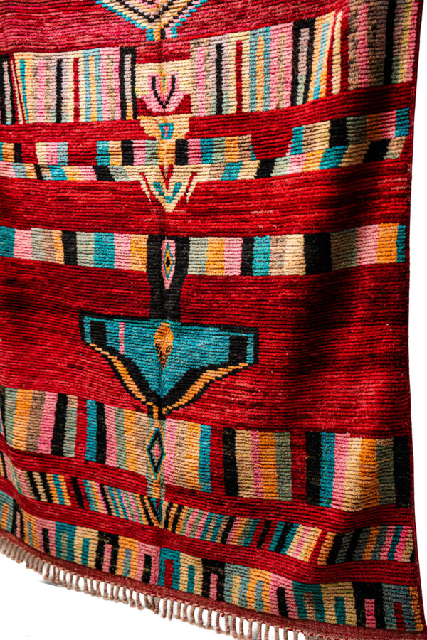Large Vintage Moroccan Carpet - Crimson Wool with Teal & Pink Accents - Image 3