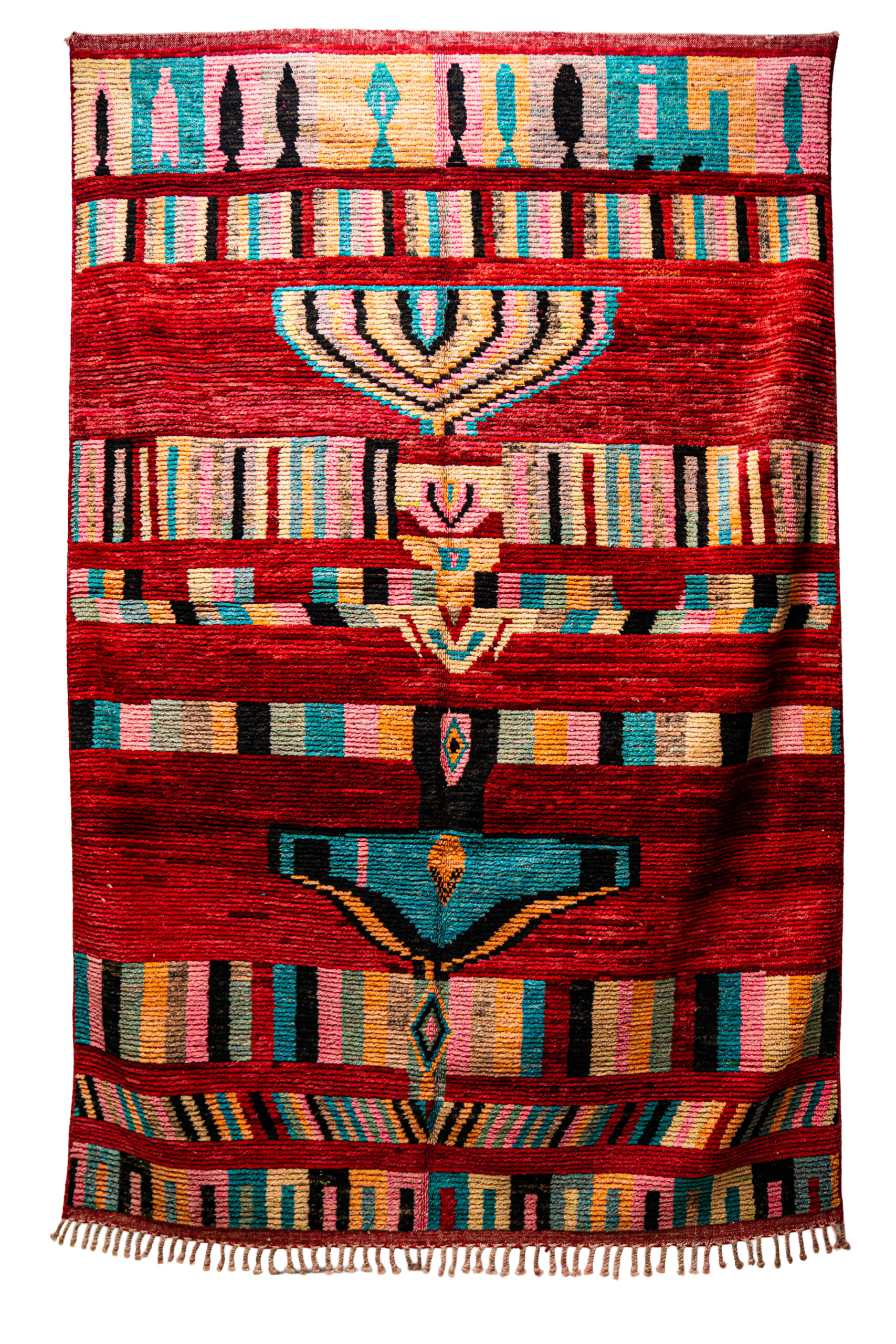 Large Vintage Moroccan Carpet - Crimson Wool with Teal & Pink Accents