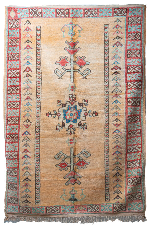 Extraordinary Moroccan Berber Carpet - Taupe Field with Saffron & Red Lattice