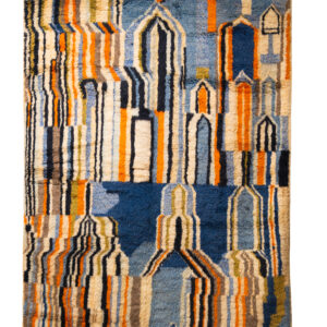 Modern Abstract Azilal Rug | Hand-Knotted Wool Art | Blue & Orange Cityscape Motif