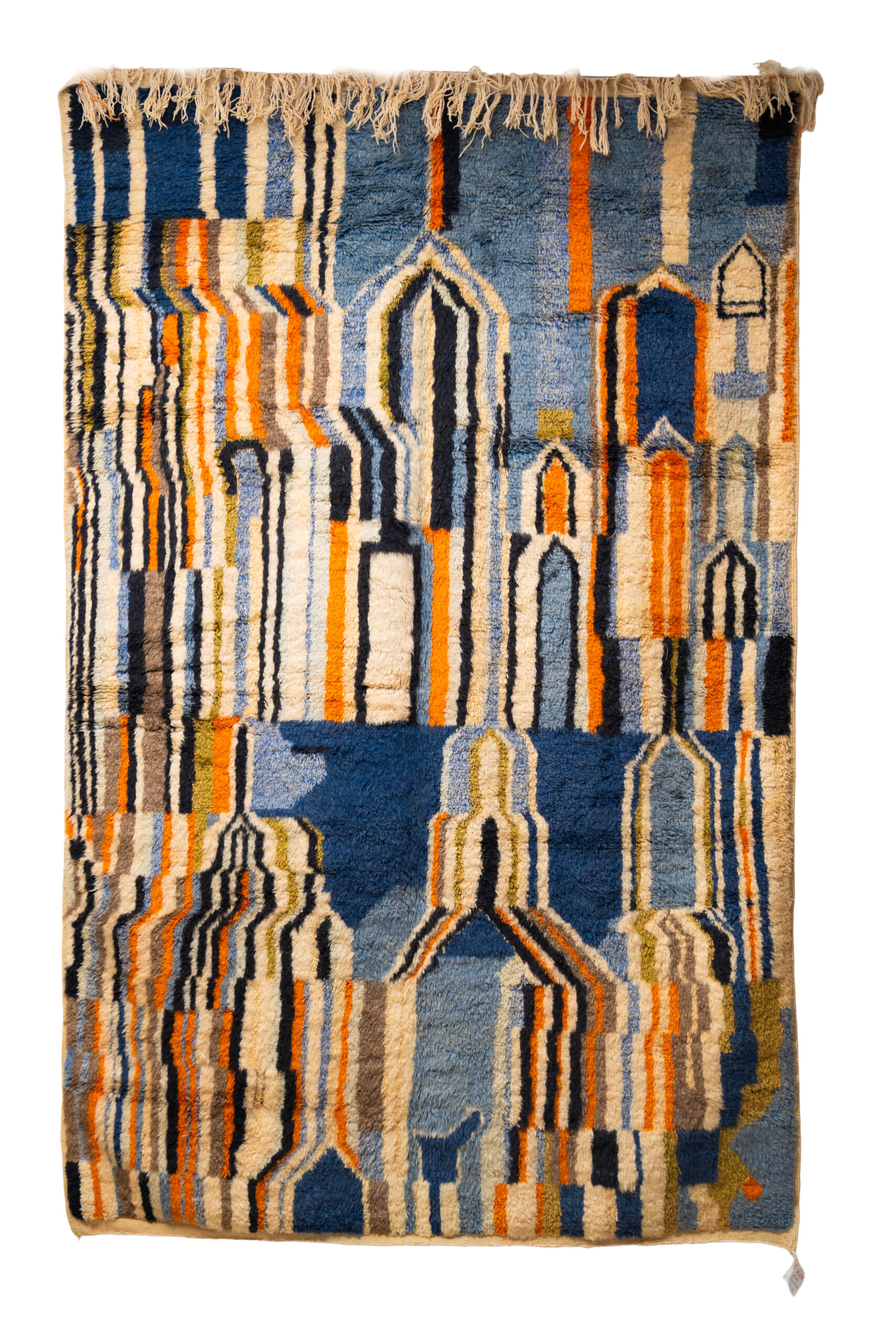 Modern Abstract Azilal Rug | Hand-Knotted Wool Art | Blue & Orange Cityscape Motif