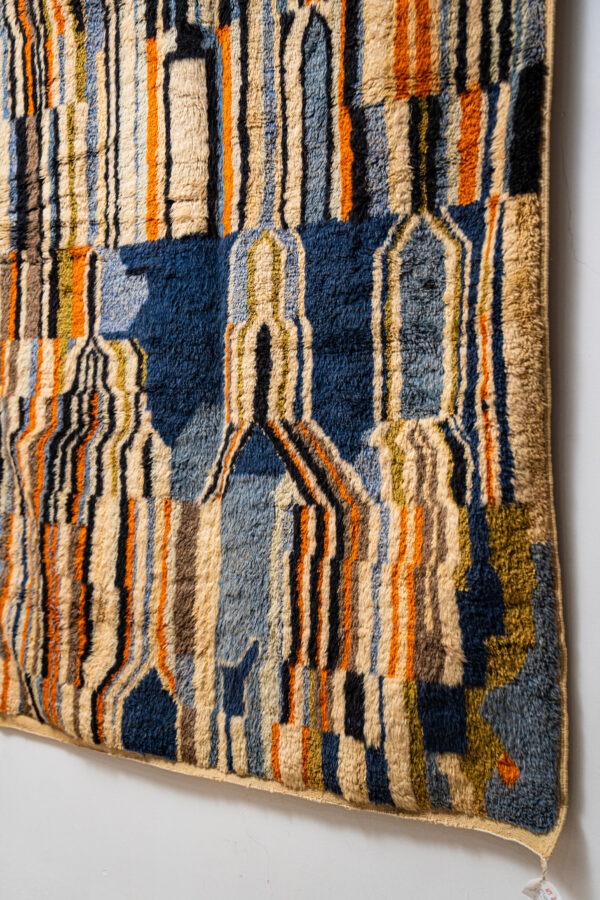 Modern Abstract Azilal Rug | Hand-Knotted Wool Art | Blue & Orange Cityscape Motif - Image 2