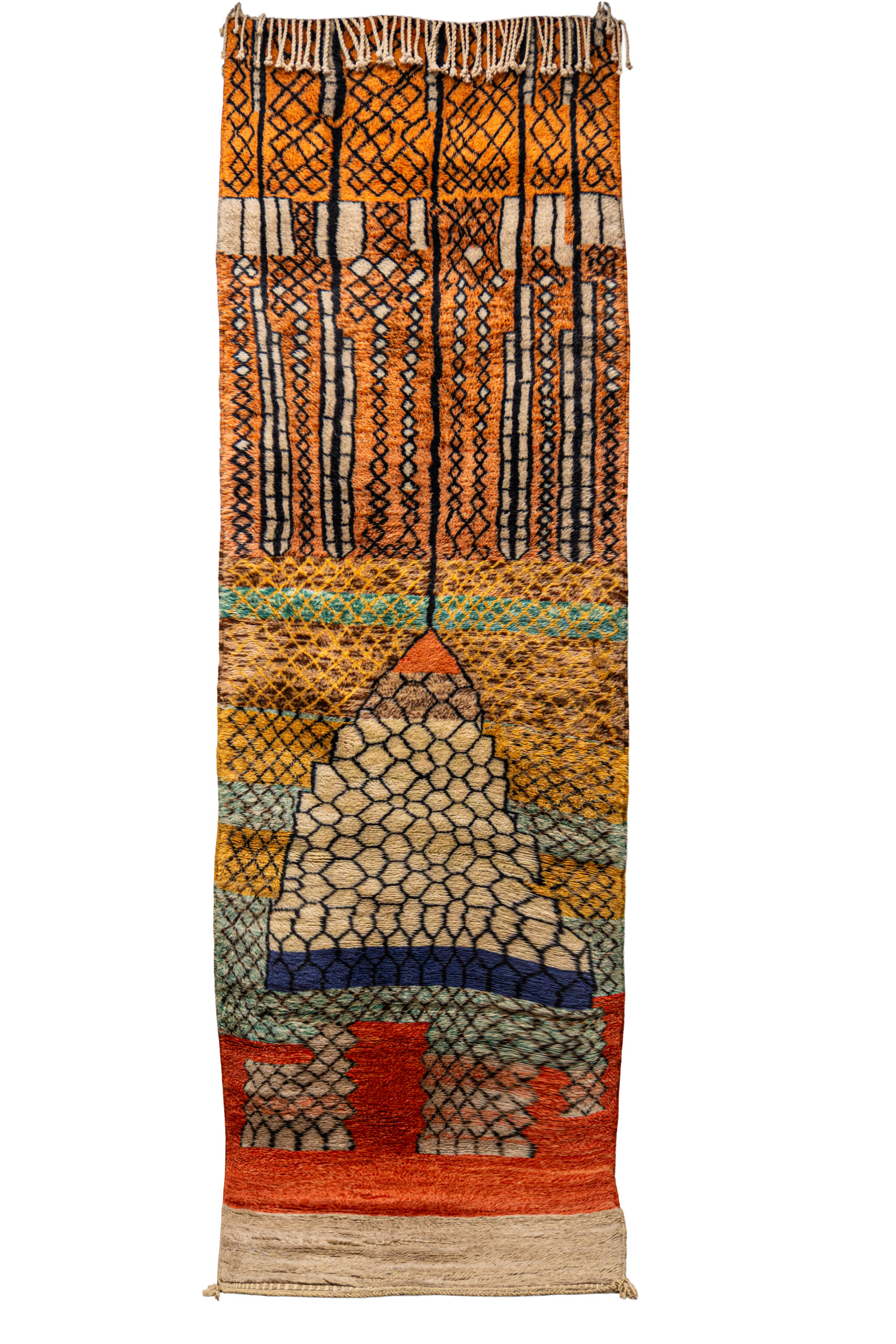 Luxury 13 ft Mrirt Runner  Hand-Knotted Wool, Abstract Orange Art