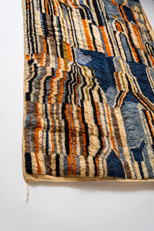 Modern Abstract Azilal Rug | Hand-Knotted Wool Art | Blue & Orange Cityscape Motif - Image 3