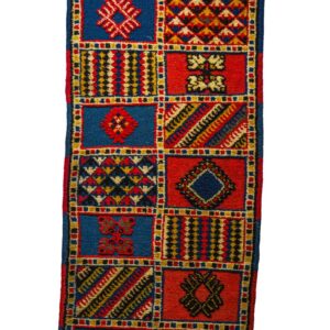 Authentic Taznakht Runner | Geometric Patchwork Blocks in Red, Blue, & Yellow
