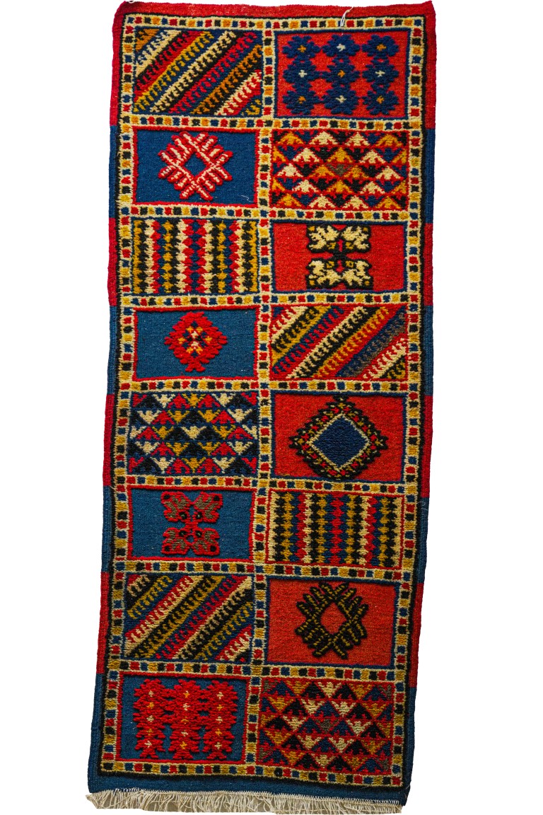 Authentic Taznakht Runner | Geometric Patchwork Blocks in Red, Blue, & Yellow