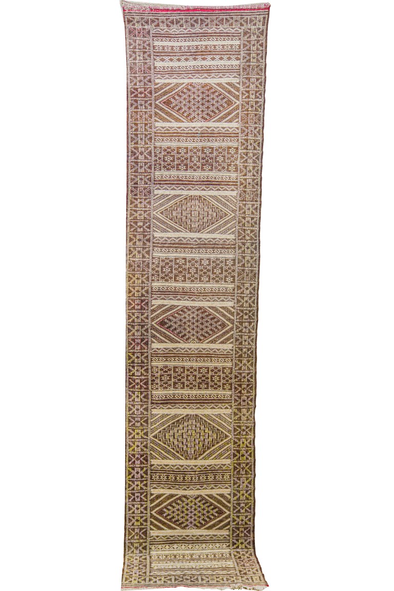 Vintage Berber Flatweave | Monochromatic Tribal Runner with Diamond Bands
