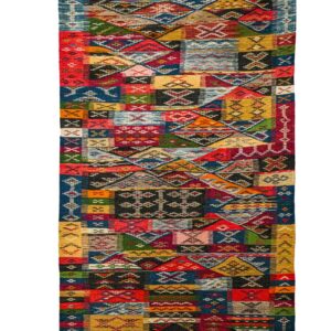 Handwoven Moroccan Flatweave | Dense Tribal Art Runner | Red, Blue, & Pink