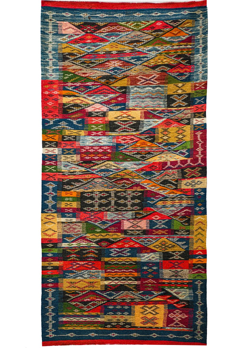 Handwoven Moroccan Flatweave | Dense Tribal Art Runner | Red, Blue, & Pink