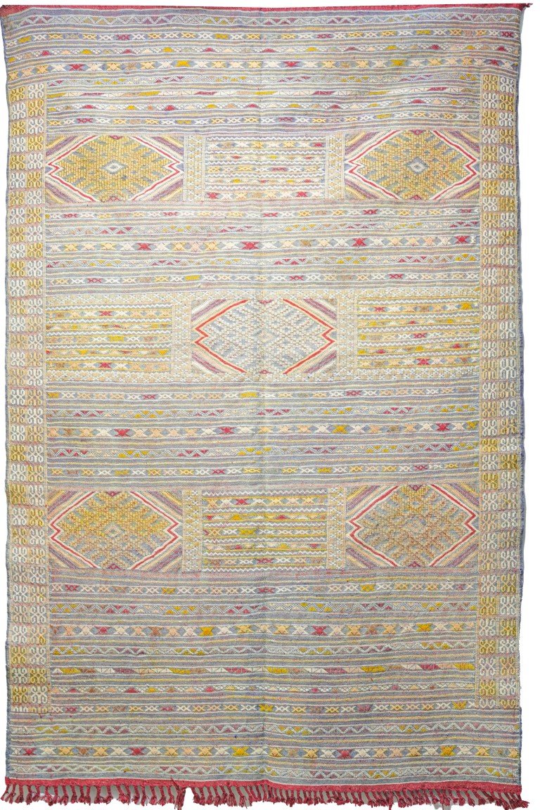 Elegant Zemmour Style Kilim | Handwoven Flatweave in Gray, Yellow, & Red