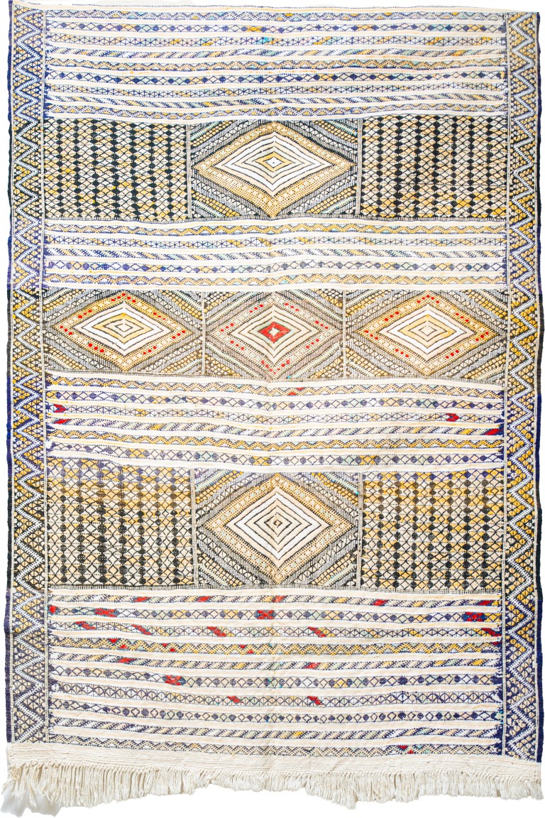 Elegant Zemmour Style Kilim | Handwoven Flatweave in Cream, Black, & Saffron