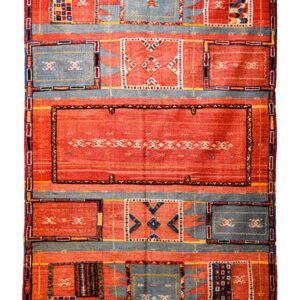 Handwoven Moroccan Carpet | Red & Blue Geometric Mosaic with Central Medallion