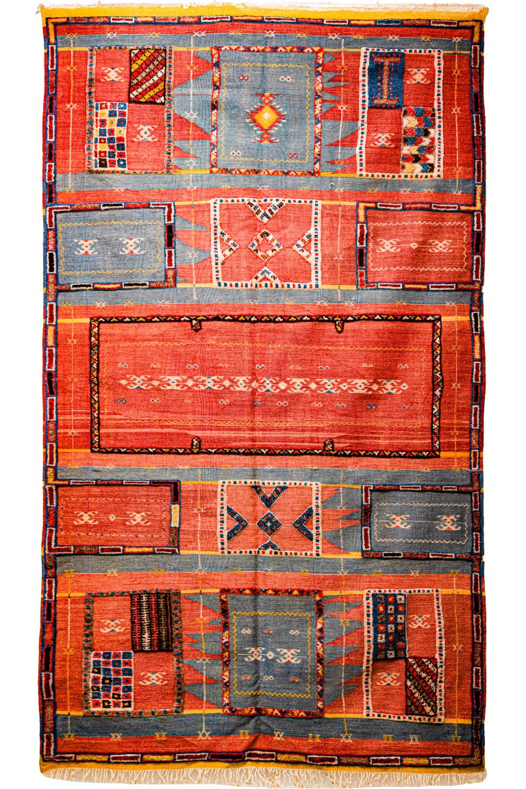 Handwoven Moroccan Carpet | Red & Blue Geometric Mosaic with Central Medallion