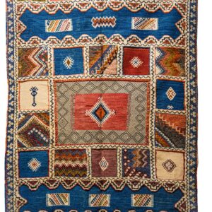 Handwoven Moroccan Carpet | Royal Blue Medallion & Multi-Pattern Block Design