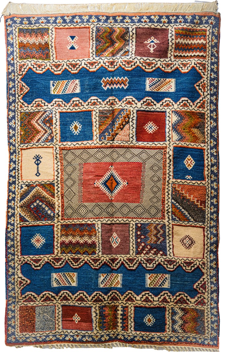 Handwoven Moroccan Carpet | Royal Blue Medallion & Multi-Pattern Block Design