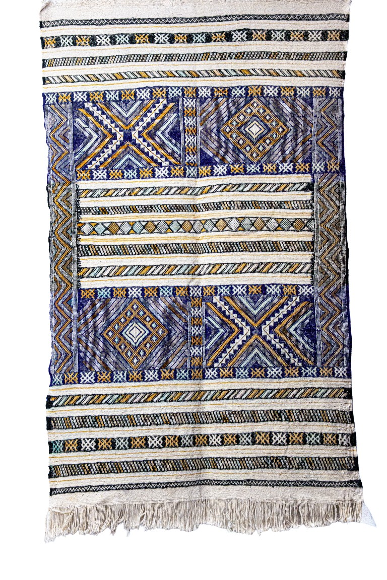 Handwoven Moroccan Hanbel | Intricate Tribal Banded Rug with Saffron Accents