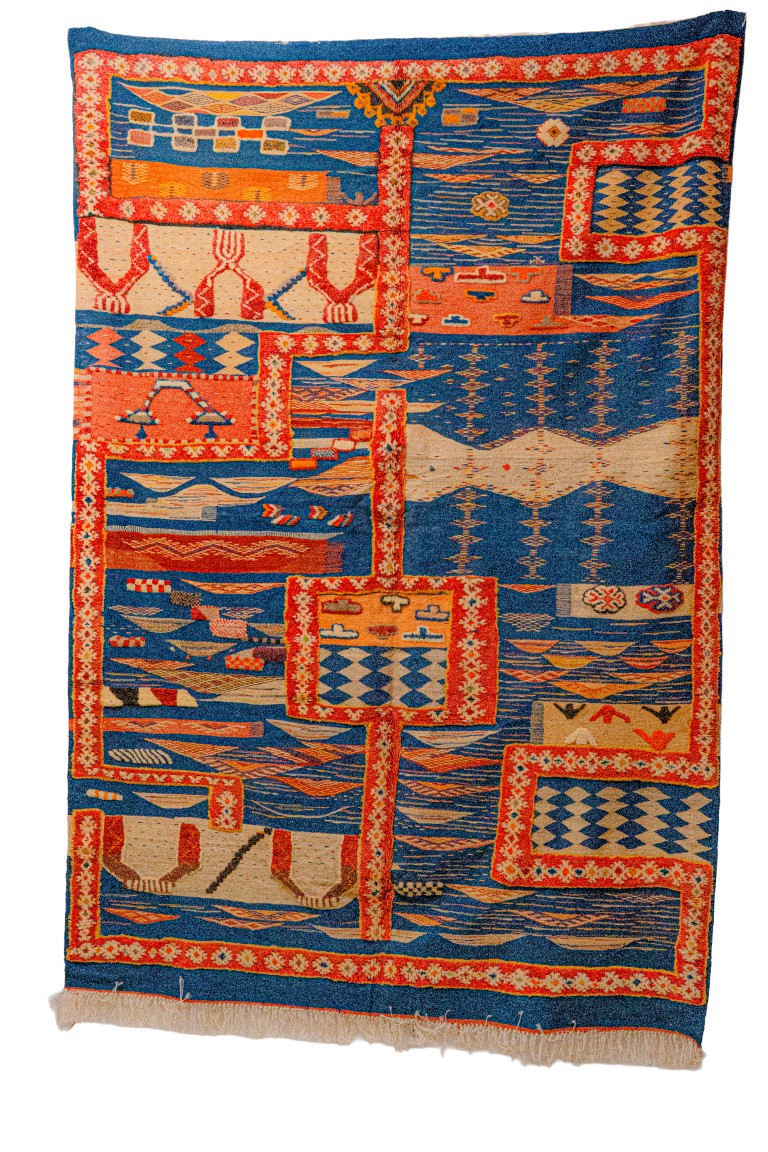 Handwoven Moroccan Carpet | Structured Block Design with Central Red Panel