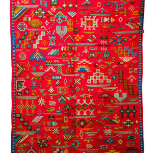 Tapis Berbère Rouge Vif d'Artisanat Marocain - Symboles Traditionnels