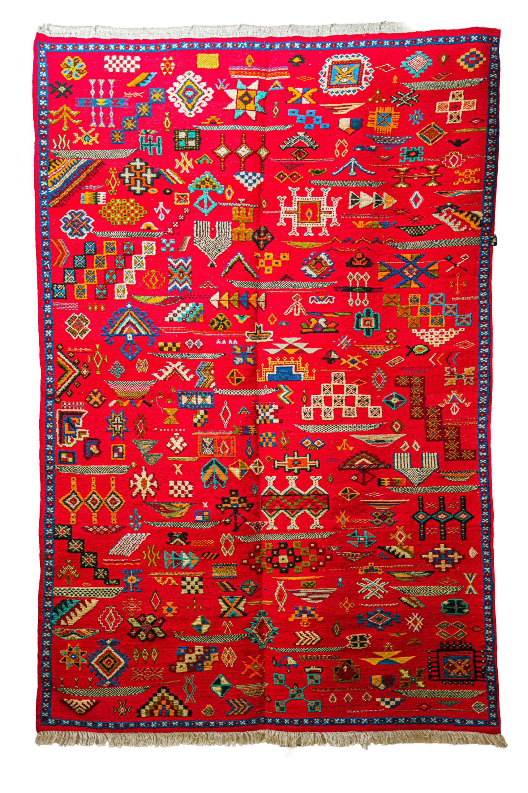 Tapis Berbère Rouge Vif d'Artisanat Marocain - Symboles Traditionnels