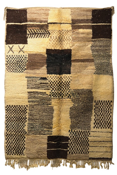 Hand-Knotted Berber Carpet - Earthy Brown & Cream Checkered Design