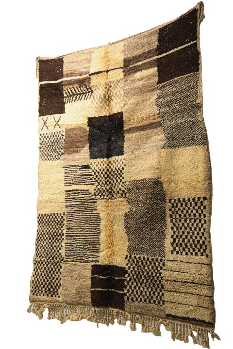 Hand-Knotted Berber Carpet - Earthy Brown & Cream Checkered Design - Image 3