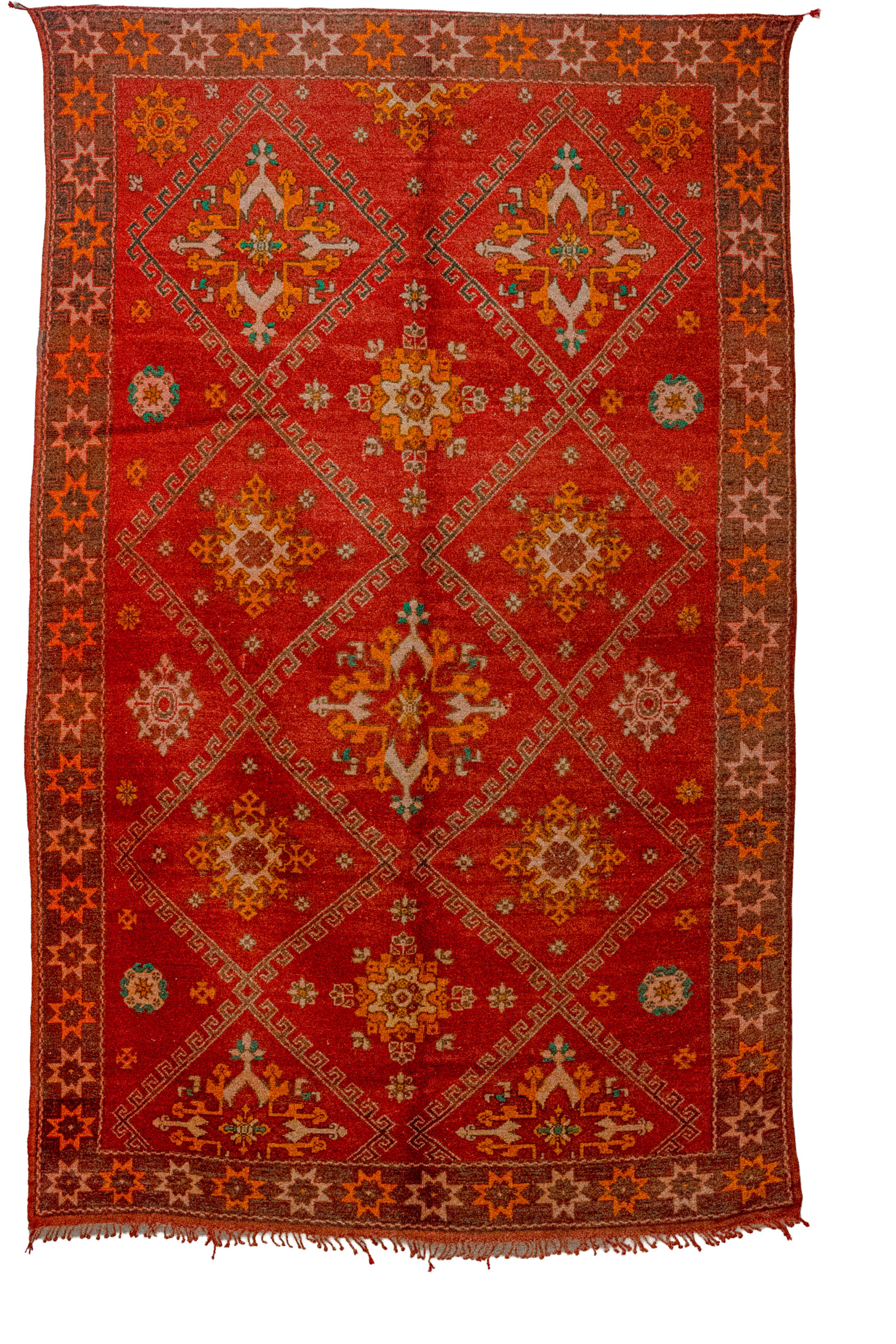 Handwoven Moroccan Zemmour Kilim – Vibrant Red Geometric Lattice & Star Borders
