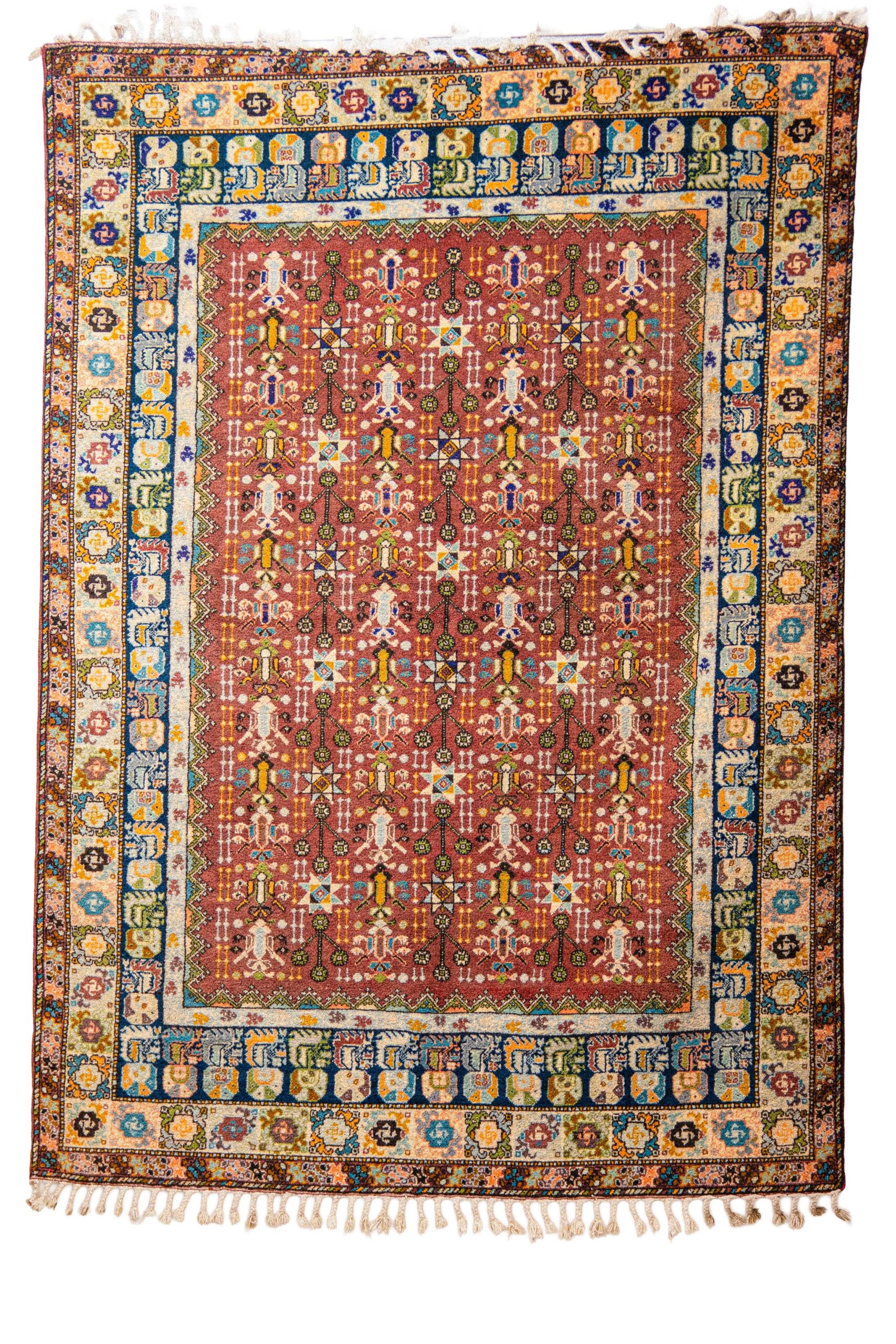 Hand-Knotted Moroccan Taznakht Rug – Vertical Tree of Life & Pictorial Border