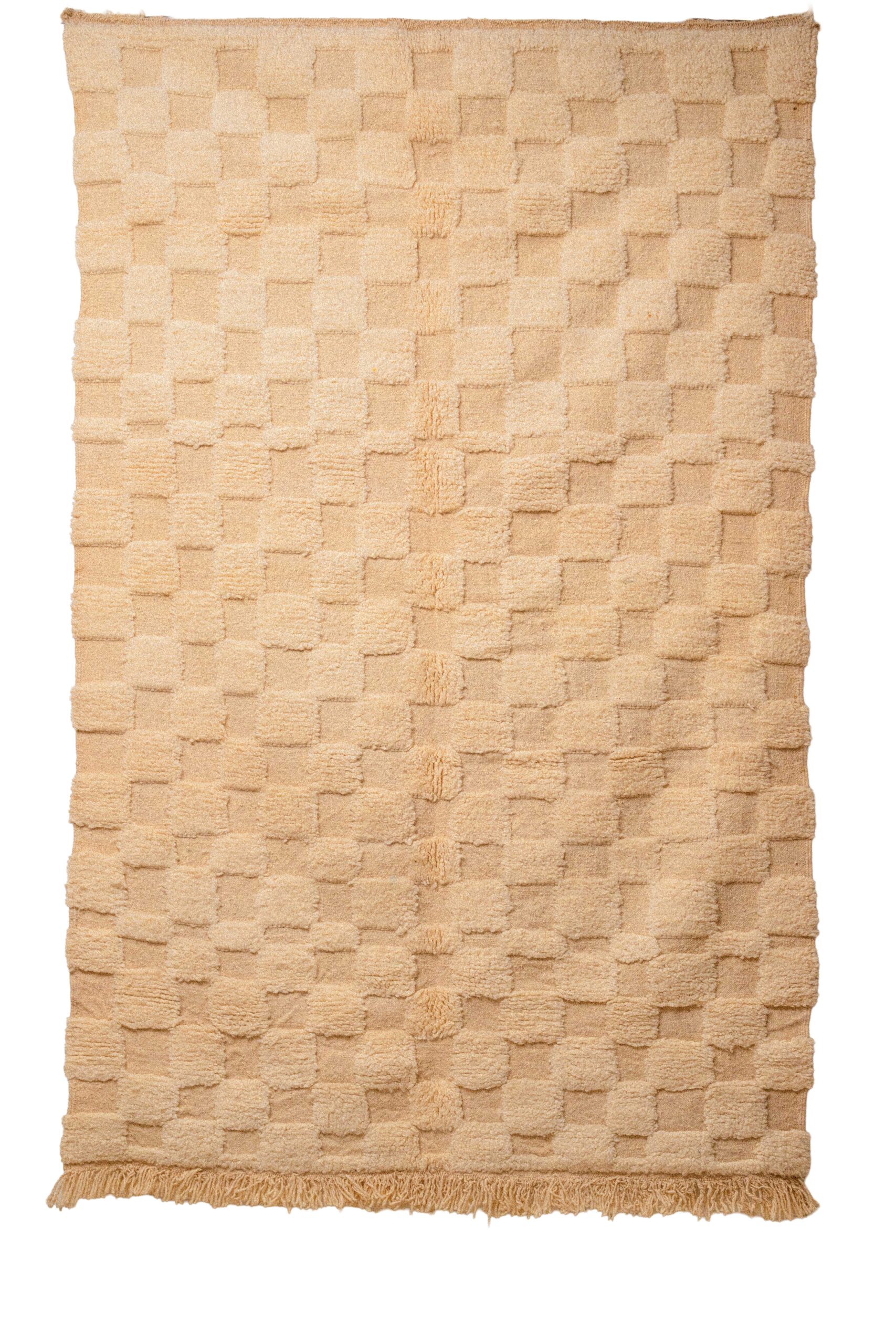 Hand-Knotted Moroccan Rug – Sculptural Beige High-Low Checkerboard