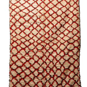 Hand-Knotted Moroccan Beni Ouarain Rug – Beige with Red & Black Honeycomb Lattice