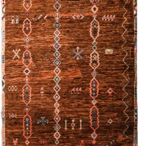 Hand-Knotted Moroccan Taznakht Rug – Deep Copper Brown & Vertical Diamond Chains