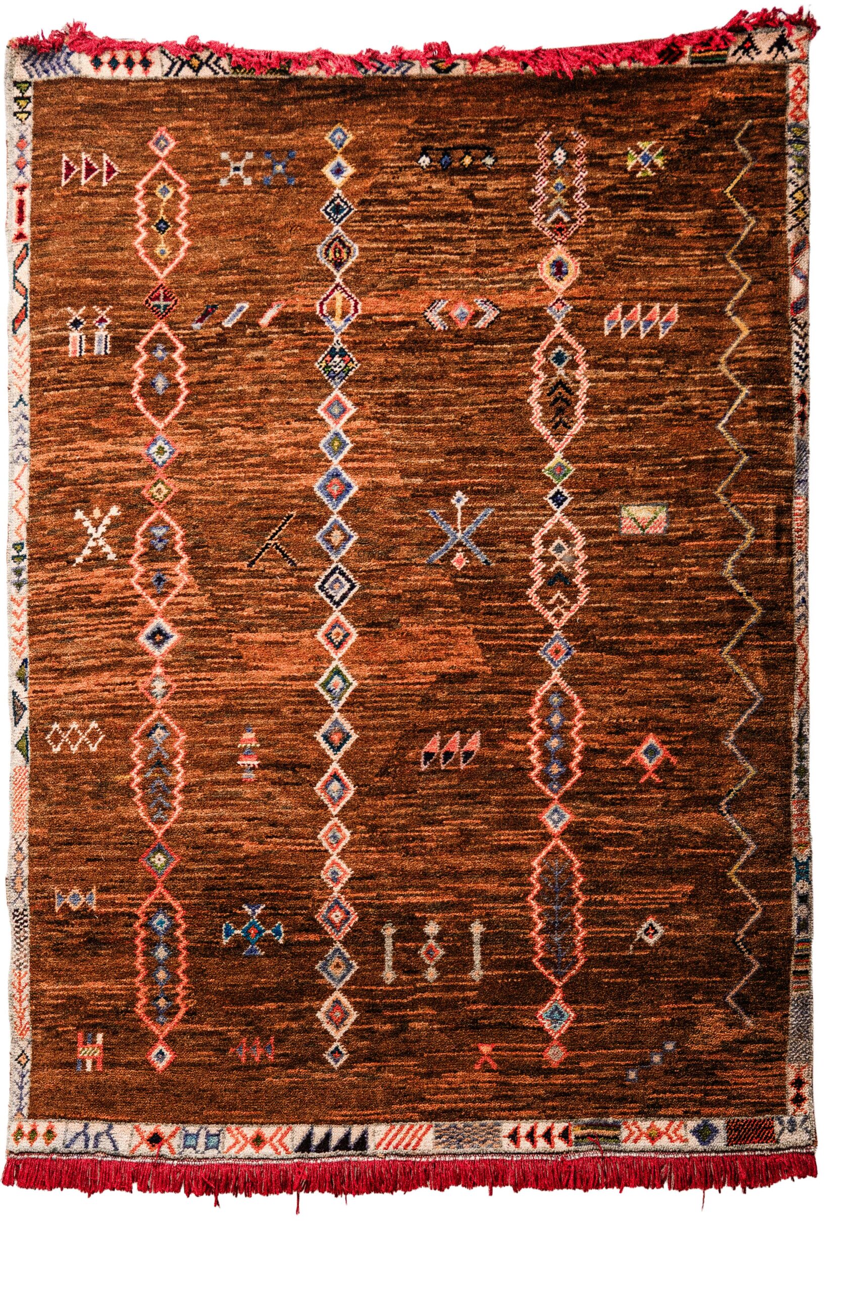 Hand-Knotted Moroccan Taznakht Rug – Deep Copper Brown & Vertical Diamond Chains