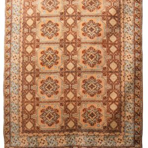Hand-Knotted Moroccan Taznakht Rug – Elegant Beige & Rust Geometric Grid