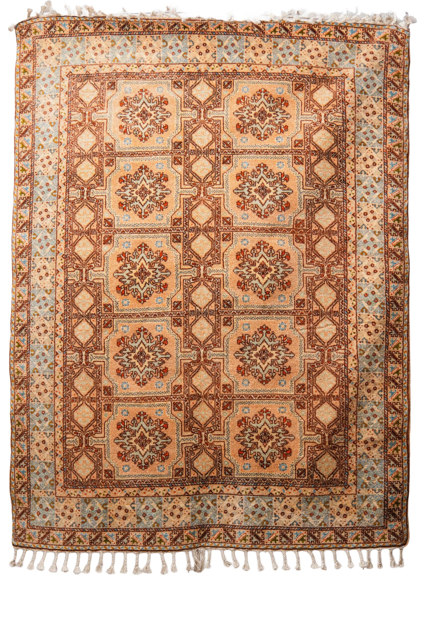 Hand-Knotted Moroccan Taznakht Rug – Elegant Beige & Rust Geometric Grid