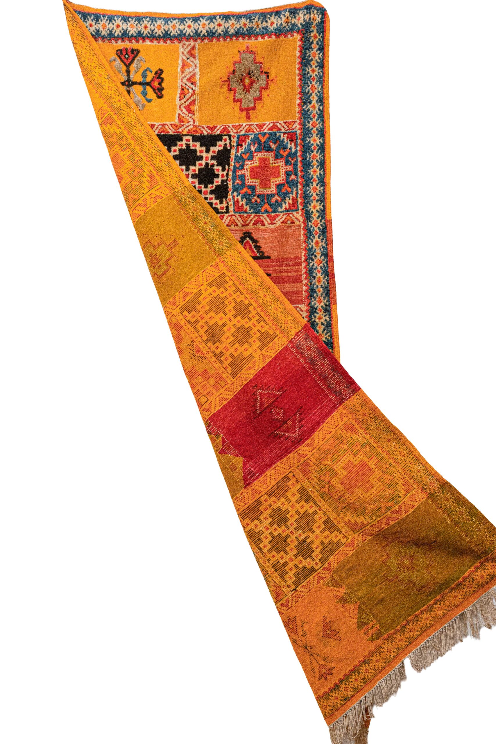 Woven Moroccan Zanafi Kilim – Vibrant Saffron Orange Patchwork - Image 4
