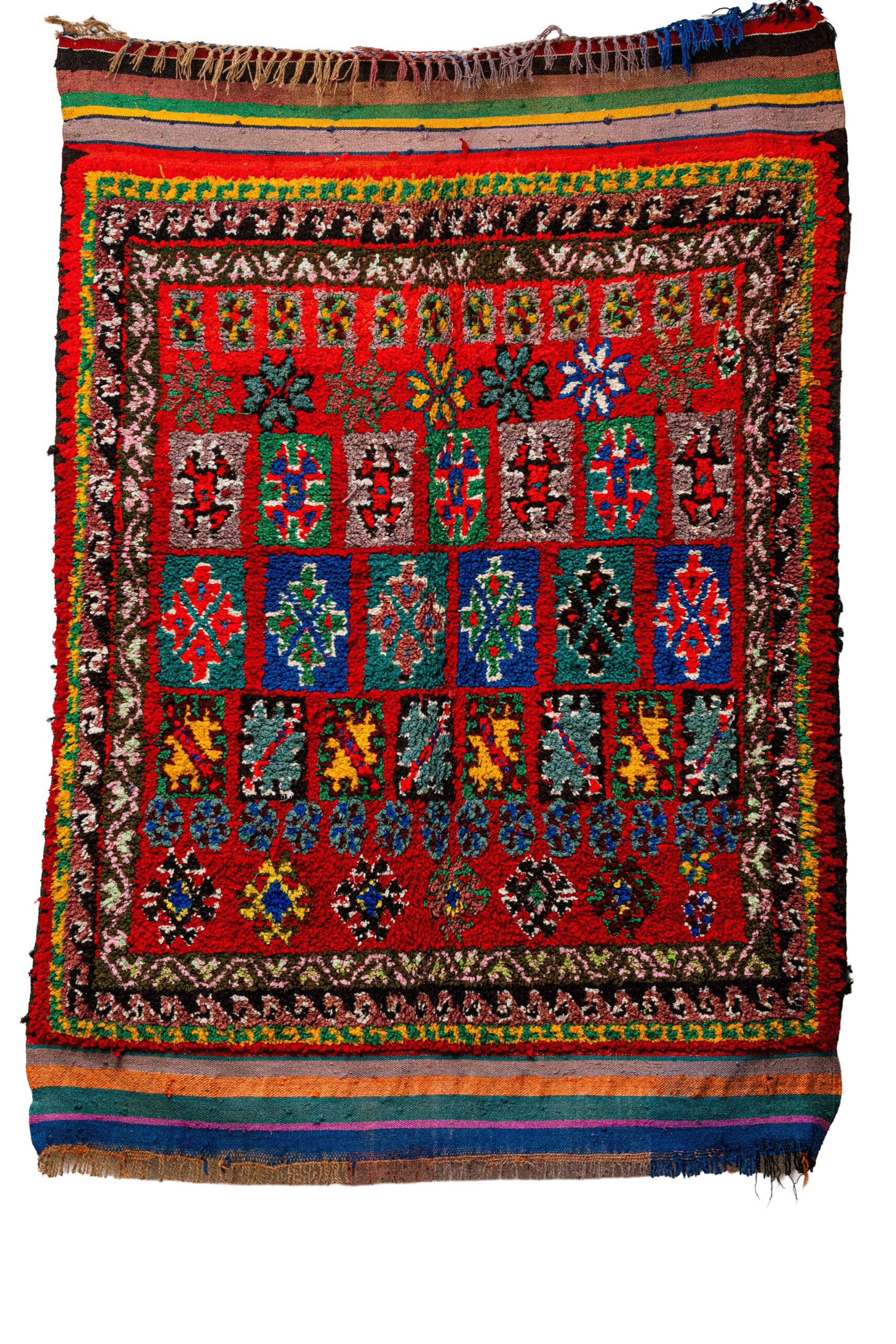 Hand-Knotted Moroccan Taznakht Rug – Vibrant Red with Colorful Geometric Panels