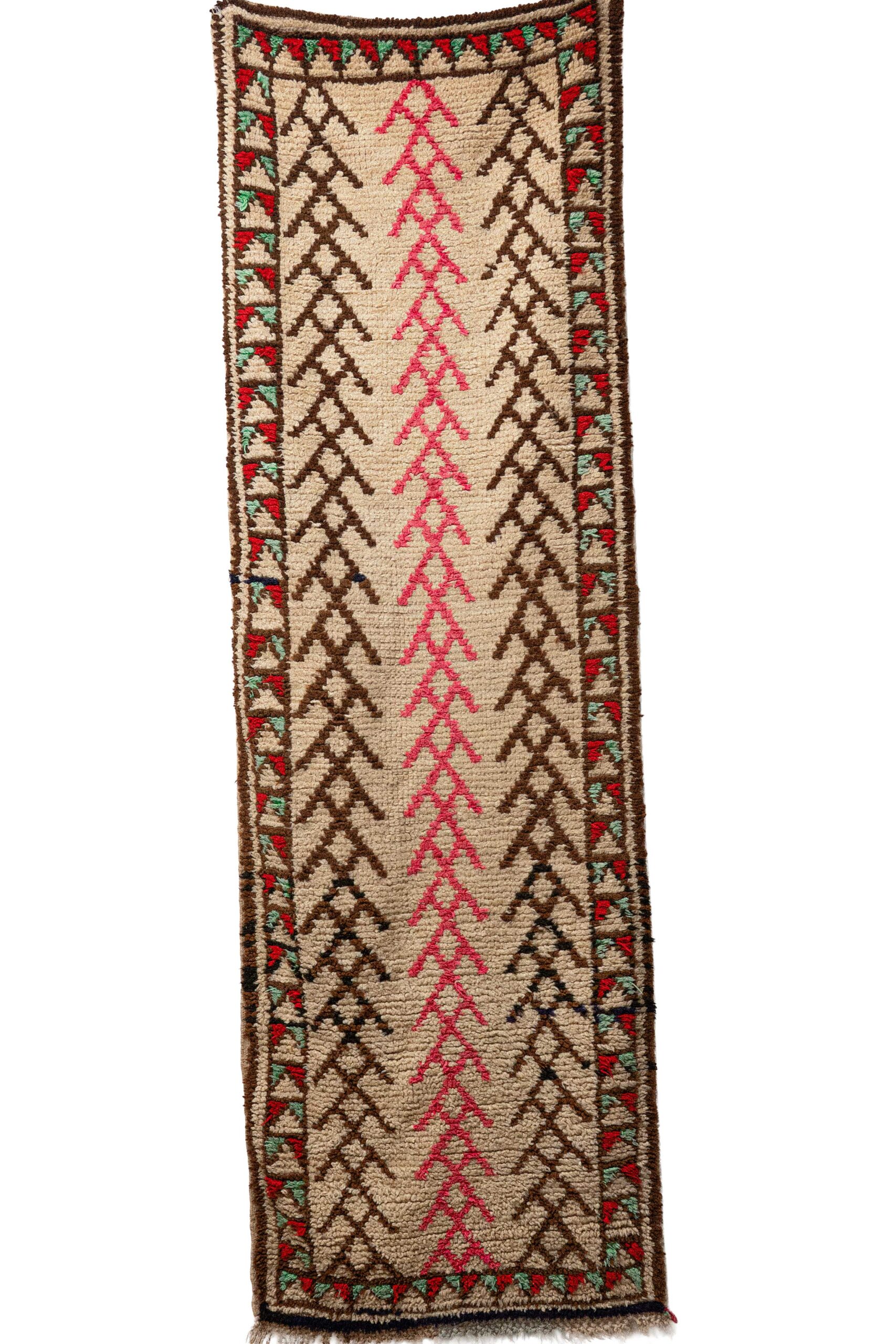Hand-Knotted Moroccan Runner – Beige with Pink & Brown Chevrons