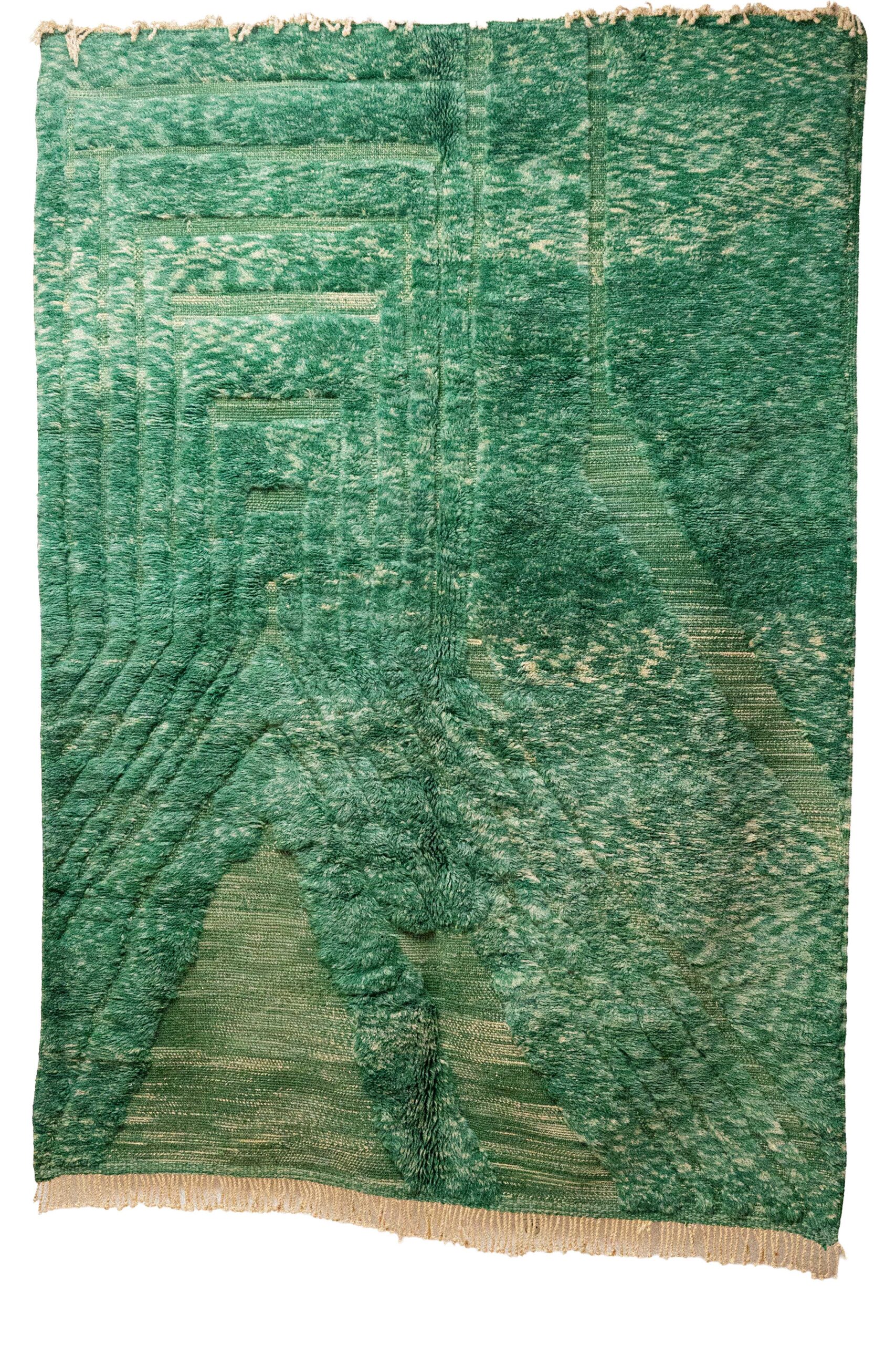 Hand-Knotted Moroccan Beni Mrirt Rug – Sculptural Emerald Green Relief