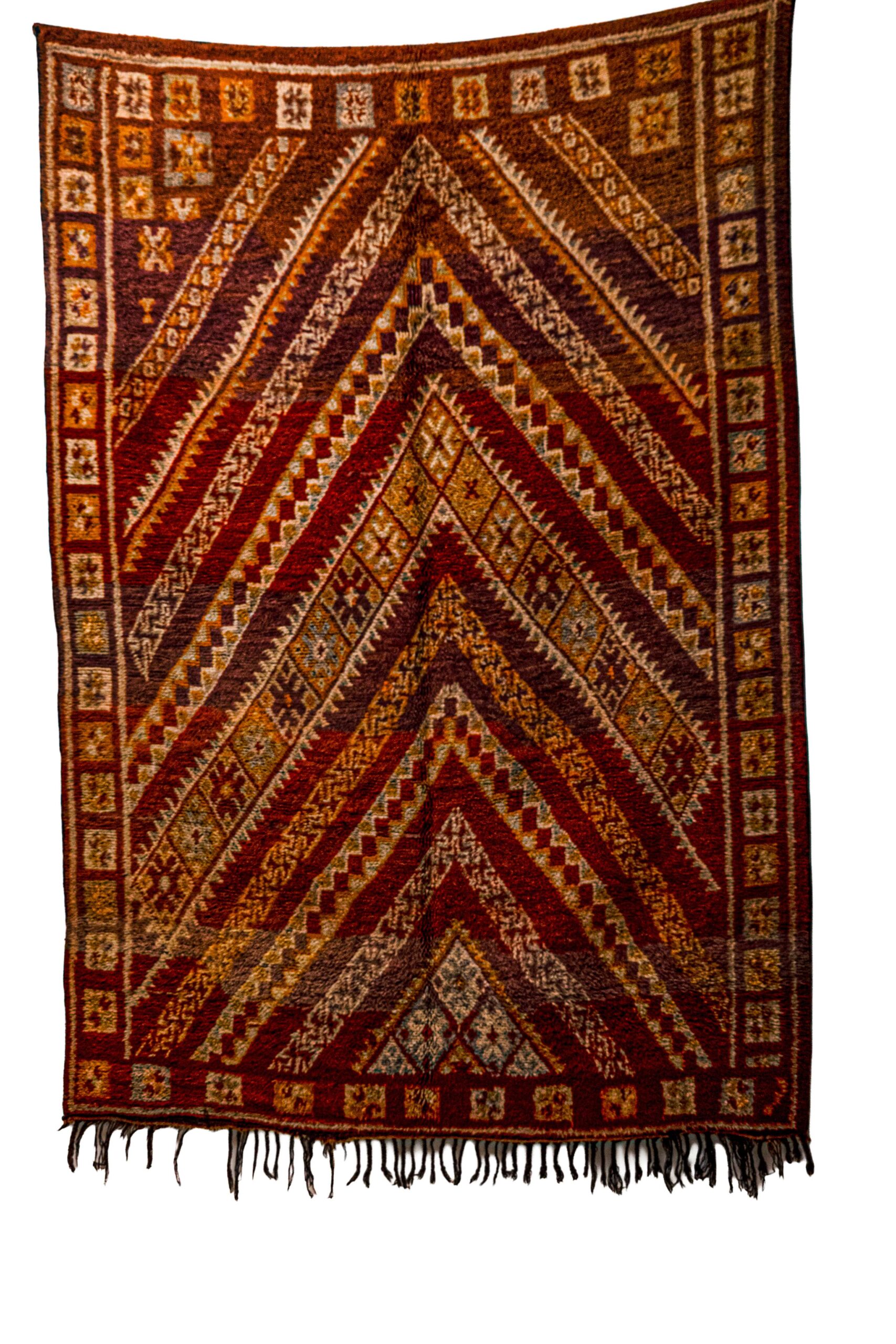 Handwoven Moroccan Zemmour Kilim – Dramatic Burgundy Chevron & Geometric Layers