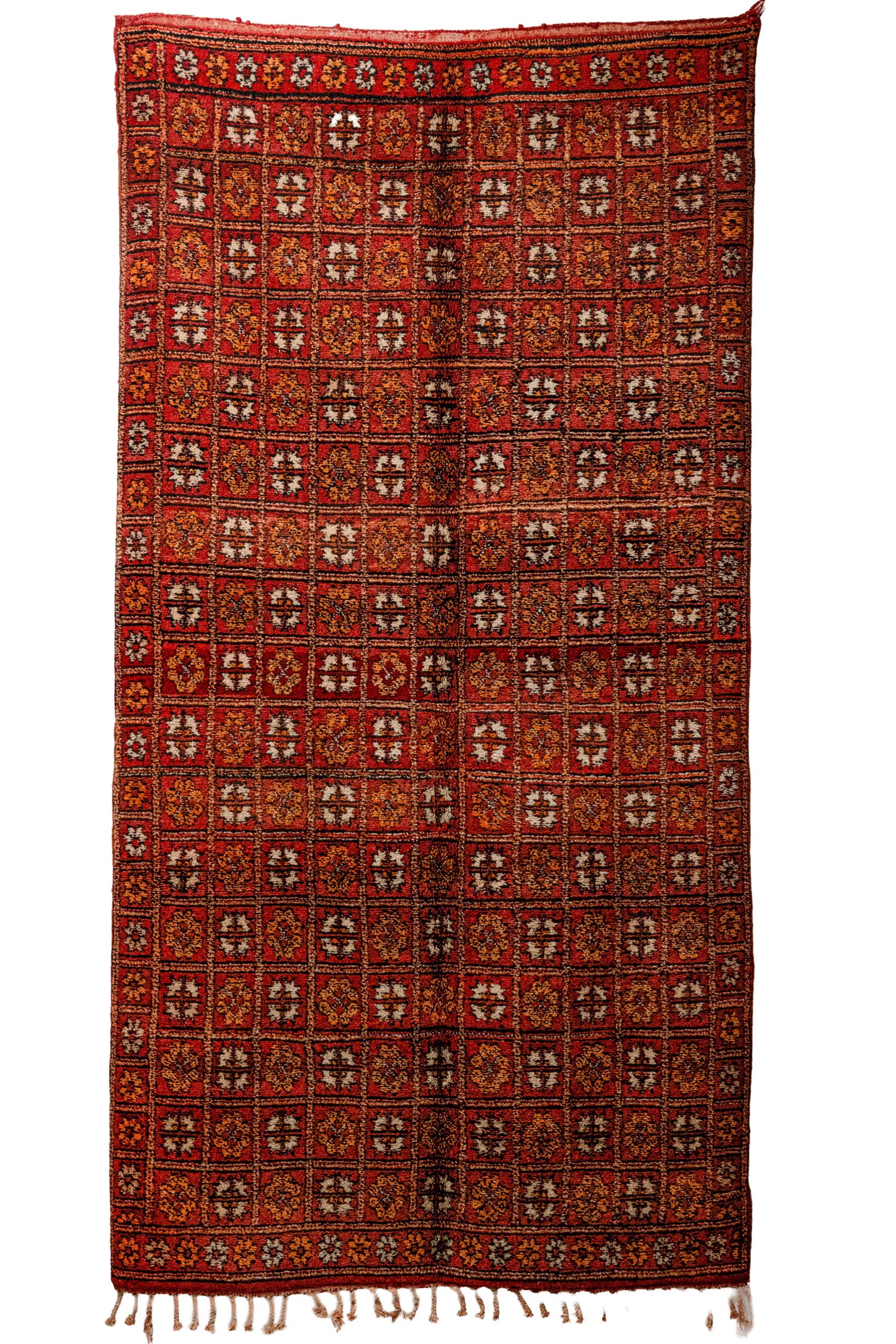 Hand-Knotted Moroccan Boujaad Rug – Deep Rust & Geometric Floral Grid