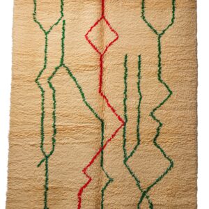Hand-Knotted Moroccan Beni Ouarain Rug – Beige with Electric Green & Red Waves