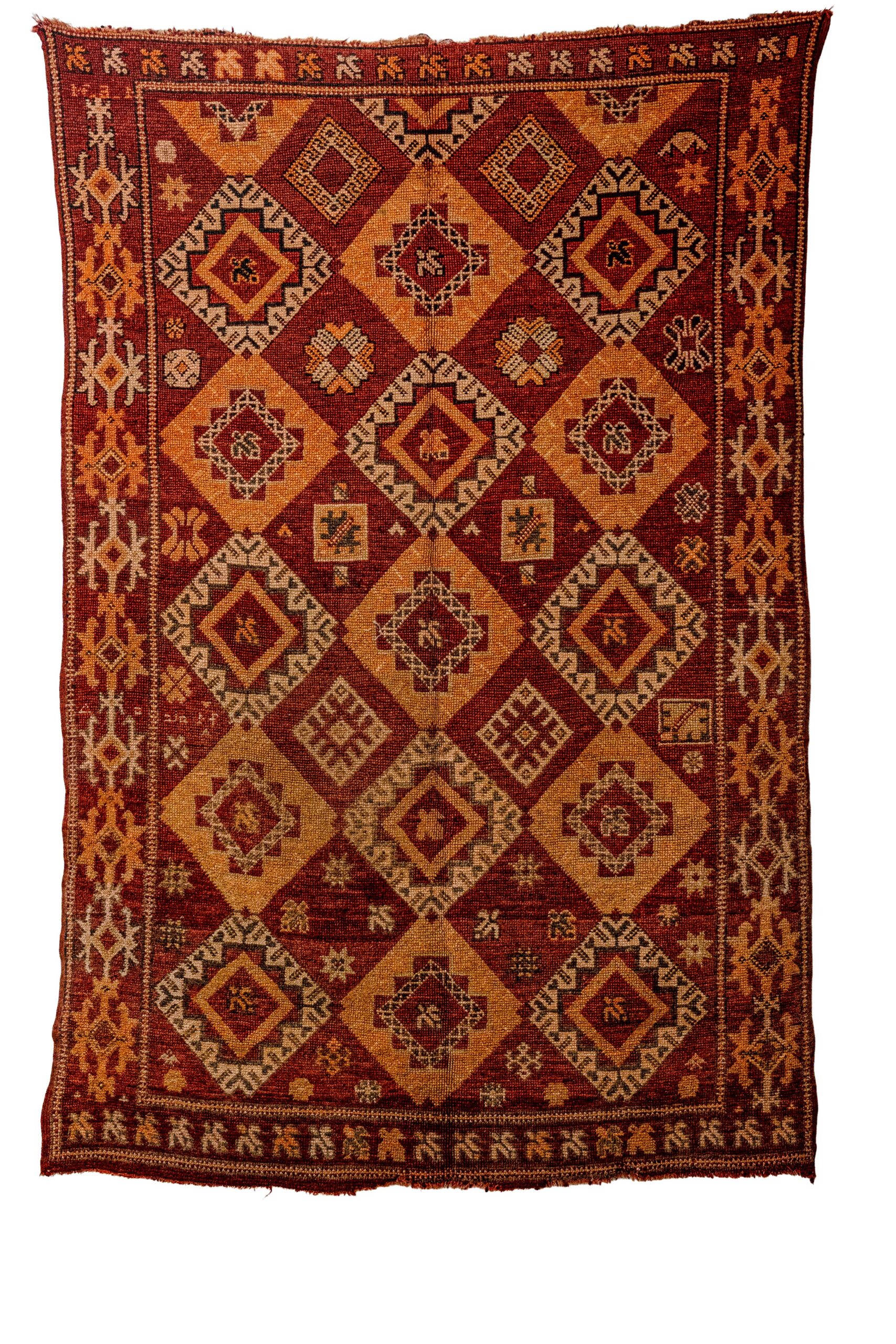 Hand-Knotted Moroccan Boujaad Rug – Warm Rust & Amber Diamond Lattice