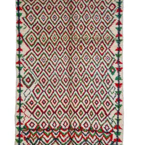 Large Cream & Colorful Diamond Berber Rug – Heavyweight Hand-Knotted Wool Shag