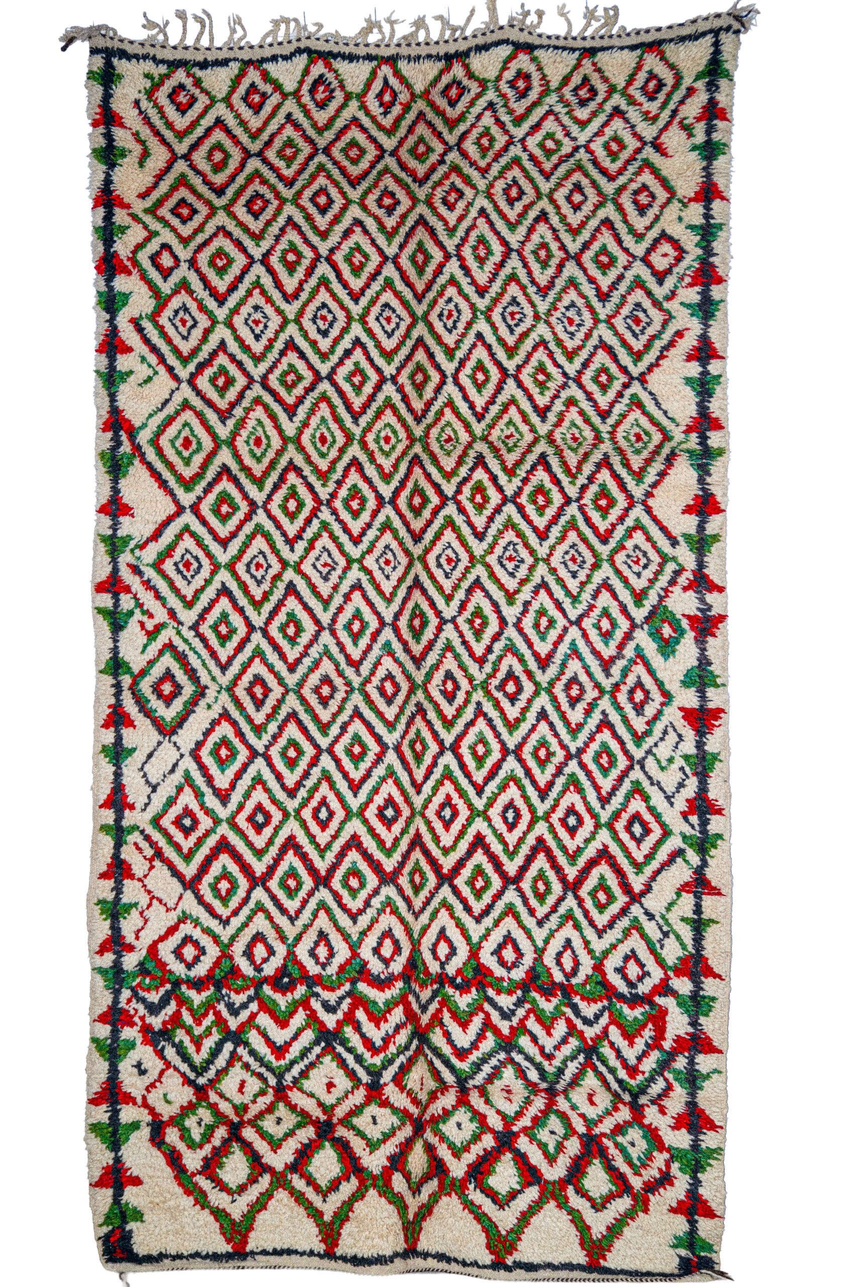 Large Cream & Colorful Diamond Berber Rug – Heavyweight Hand-Knotted Wool Shag