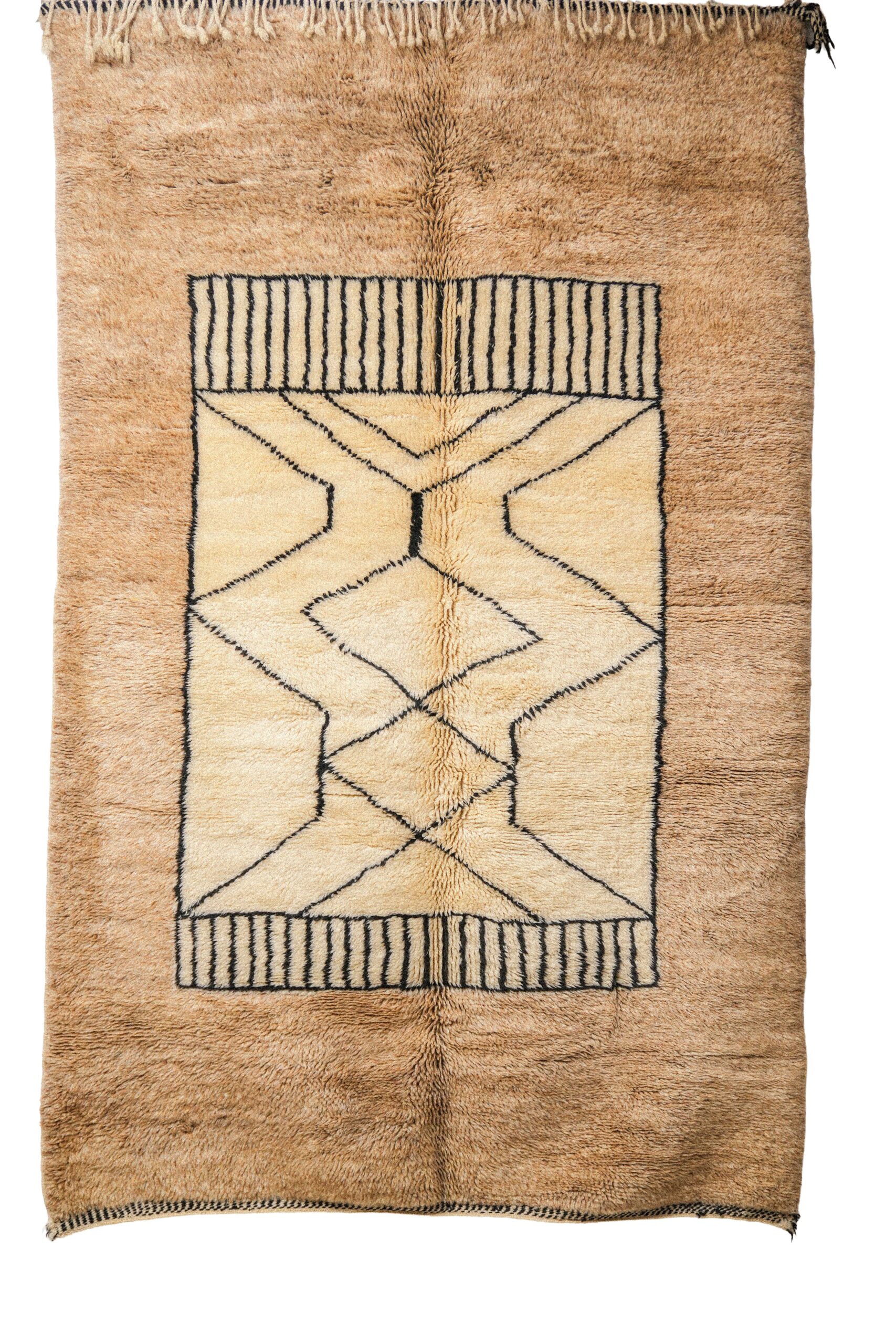 Warm Camel & Black Geometric Berber Rug – Hand-Knotted Wool Shag