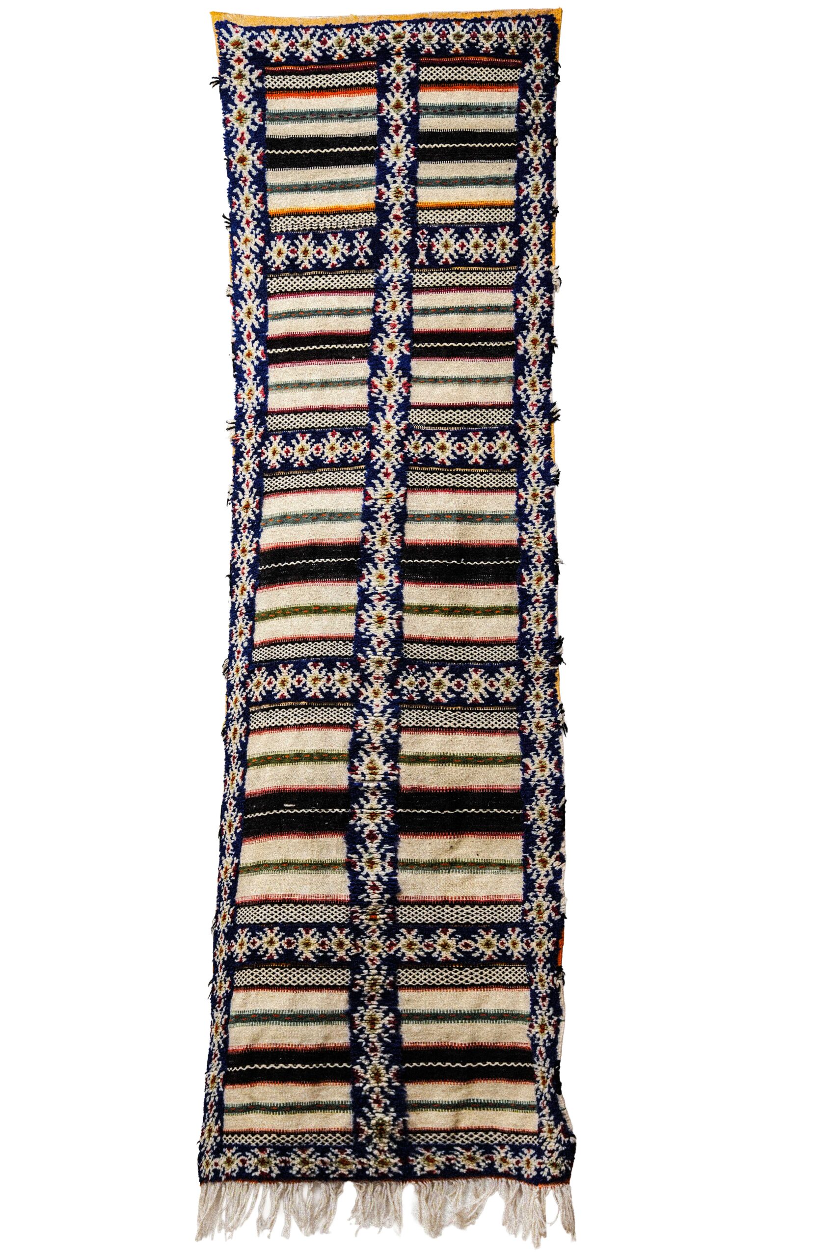 Moroccan Mixed-Weave Runner Rug – Striped Flatweave with Blue Tribal Tufting