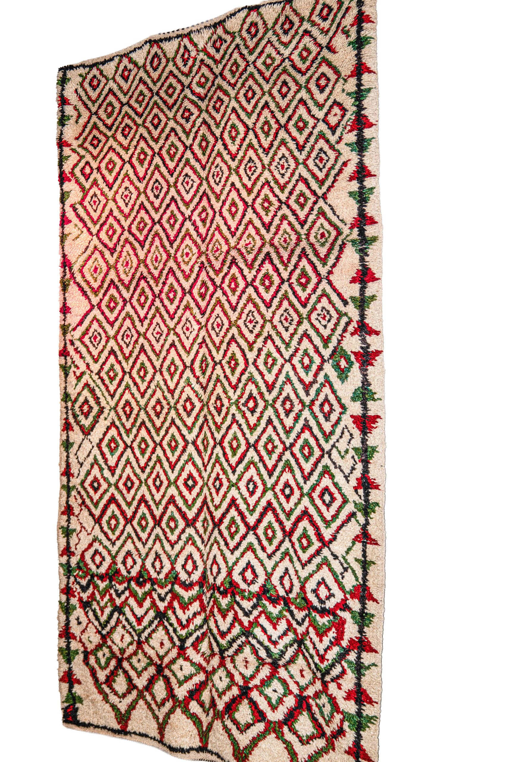 Large Cream & Colorful Diamond Berber Rug – Heavyweight Hand-Knotted Wool Shag - Image 4