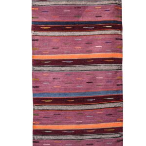 Plum & Burgundy Striped Moroccan Kilim – Handwoven Accent Runner with Colorful Dashes