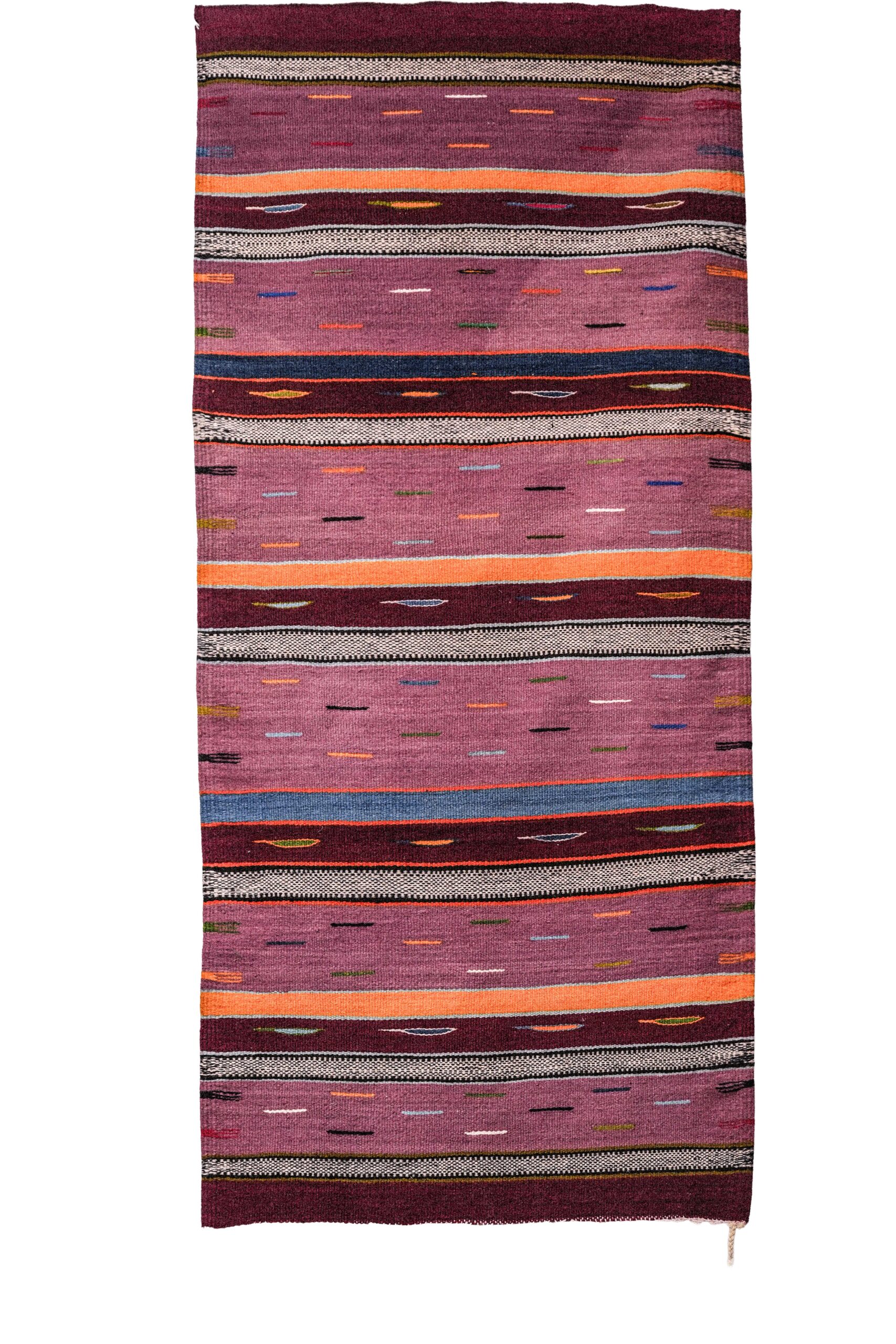 Plum & Burgundy Striped Moroccan Kilim – Handwoven Accent Runner with Colorful Dashes